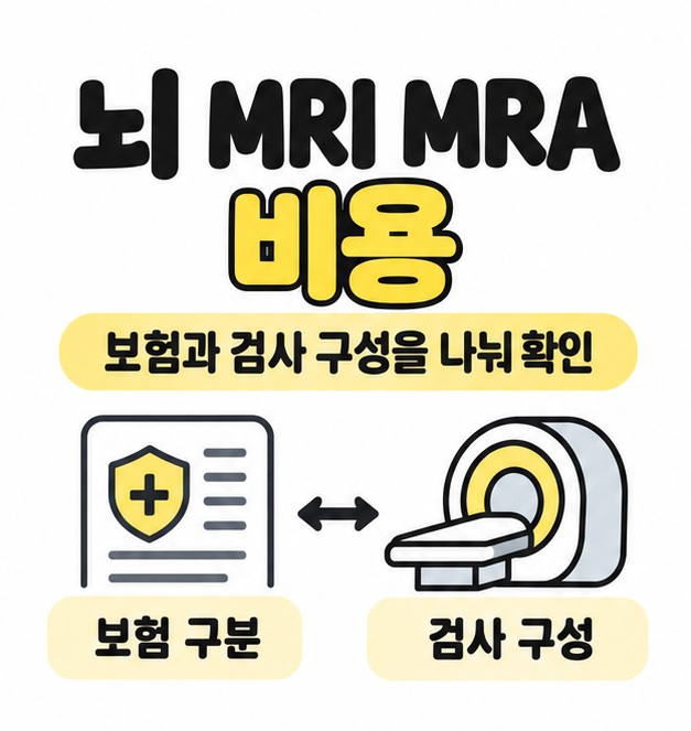 뇌 MRI MRA 비용 제목 아래 보험 문서와 검사 장비 그림을 연결해 보험 구분과 검사 구성을 나눠 확인하도록 안내한 그림