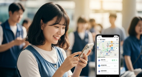 지역 혜택 정보를 지도 위에서 확인하는 여성