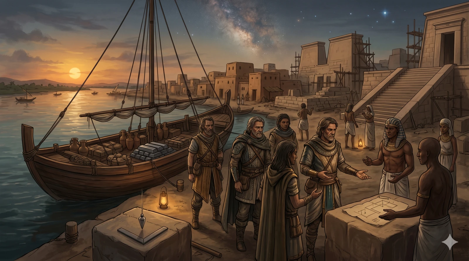 모래알의 망원경 Chapter 4: 멸망 직후 배를 타고 이집트와 메소포타미아 연안에 도착하여 선진 기술을 전수하는 아틀란티스 생존 상인 집단 묘사