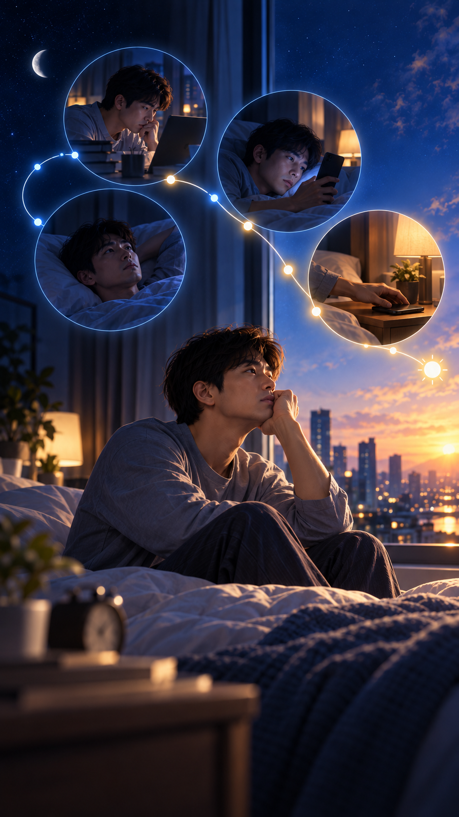 A cinematic illustration of a sleepless East Asian man sitting awake on his bed at night, surrounded by four circular scenes showing late-night laptop work, smartphone use, lying awake, and putting a phone aside. A glowing blue-and-gold line connects the scenes against a starry night sky transitioning toward dawn, symbolizing insomnia, mental hyperarousal, and the gradual reduction of bedtime stimulation. Cover image for Part 5 of the AEP Sleep Health Series by Savor Balance.