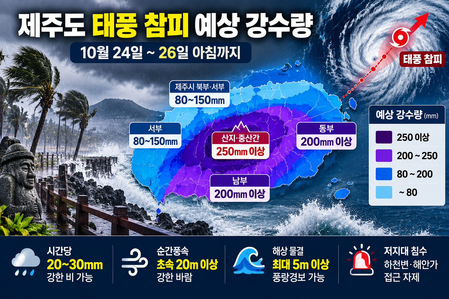 2026년 태풍 참피 제주도 예상 강수량 지도, 10월 26일 아침까지 산지·중산간 250mm 이상, 남부·동부 200mm 이상 폭우 예보