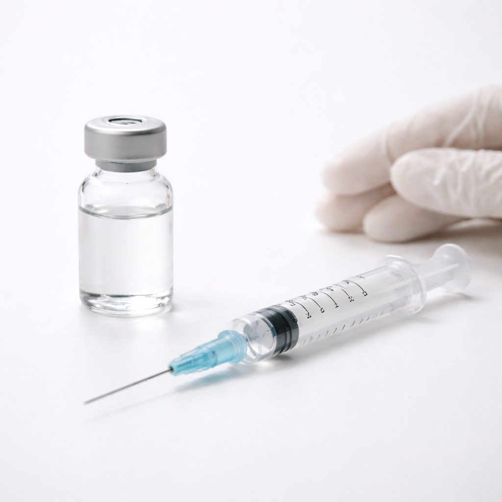 로고 없는 백신 바이알과 주사기가 놓인 의료 정물 사진