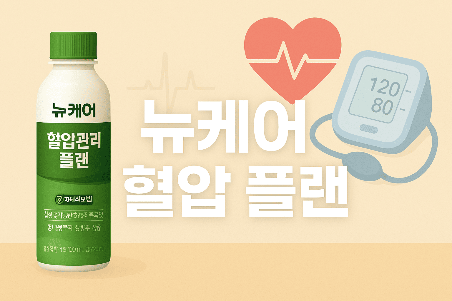 뉴케어-혈압관리-건강보조식품-심장아이콘-혈압계-120-80-자분식모빌-녹색라벨-음료형태-건강플랜-밝은배경