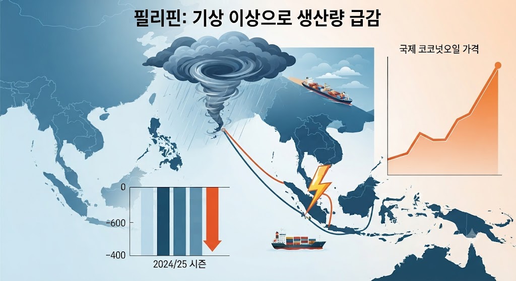 코코넛 최대 생산국인 필리핀의 기후 위기 상황을 그래픽으로 표현했습니다. 거대한 태풍이 야자수 농장을 덮쳐 열매가 떨어지고 나무가 쓰러지는 모습과, 이로 인해 생산량이 급감하여 세계 지도 위로 필리핀에서 출발하는 화살표가 끊기거나 줄어들고 가격 그래프가 치솟는 경제 상황을 한 장면에 담았습니다.