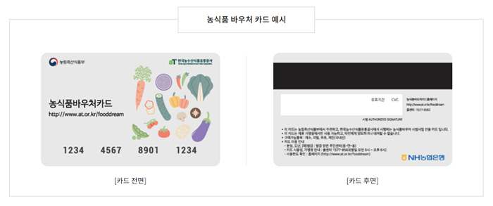 농식품 바우처 카드 예시사진으로 왼쪽 카드전면, 오른쪽 카드후면 사진