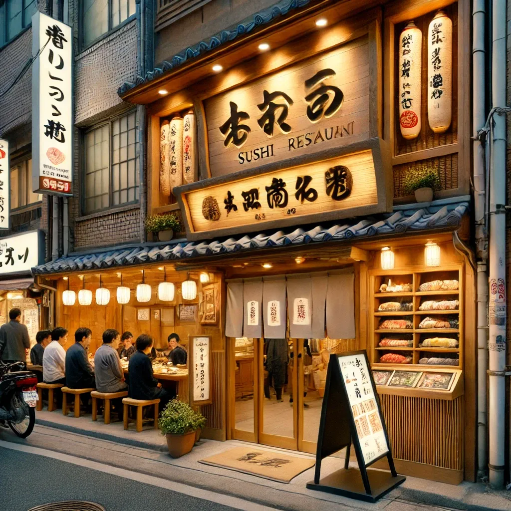 오사카의 인기 있는 스시집 외관과 노렌 커튼이 걸린 입구 앞에서 기다리는 사람들