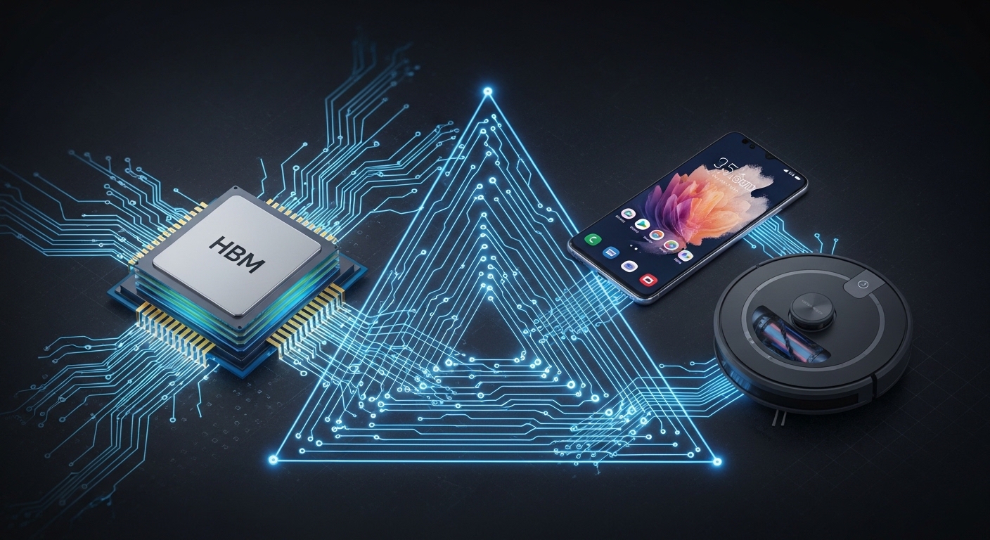 Graphic of HBM memory chip, Galaxy smartphone, and AI robot vacuum cleaner arranged in a triangle, connected by glowing circuits.