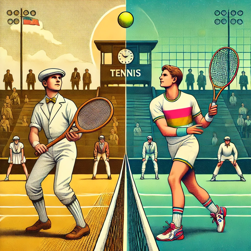 테니스 네트를 중심으로 다른 시대의 느낌의 두 남자