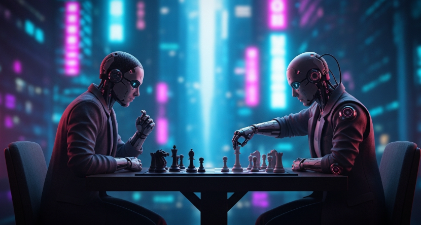 이더가스 코인 시세 전망 이미지(두 명의 미래형 사이보그가 네온사인이 빛나는 사이버펑크 도시에서 체스를 두며 수 싸움을 하는 모습)