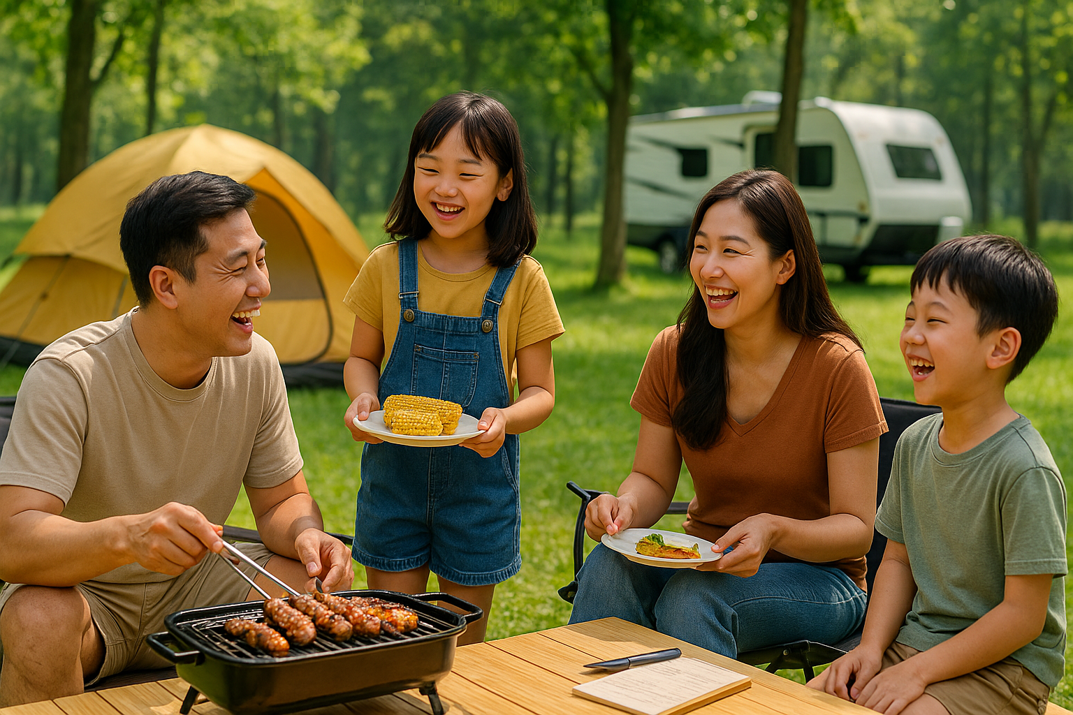 숲속 캠핑 가족 바베큐