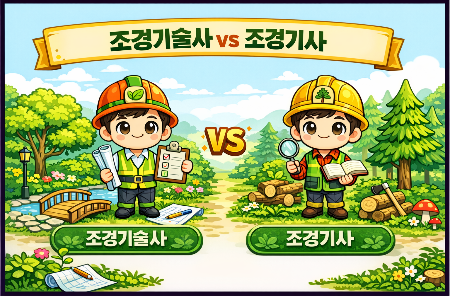 이미지 출처: AI 생성 이미지(콘텐츠 이해를 돕기 위한 시각 자료, 실제 인물을 특정하지 않은 AI 생성 이미지)
조경기술사와 조경기사의 차이를 보여주는 비교 일러스트&rdquo;