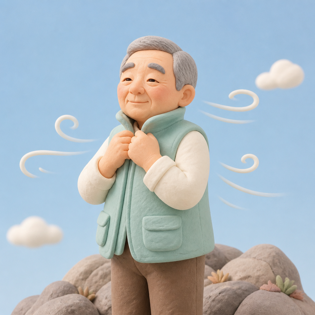 산 정상에서 바람에 옷깃을 여미는 등산객