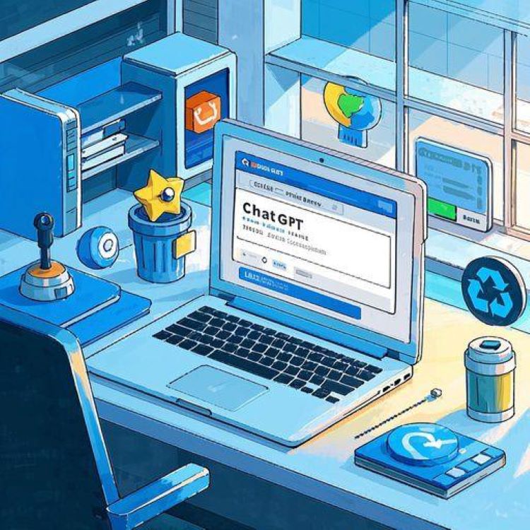 노트북 화면에 ChatGPT 접속 장애 메시지가 떠 있는 모습, 인터넷 연결 상태 확인, 브라우저 캐시 삭제, VPN 끄기, 계정 재로그인 등 해결법 아이콘이 화면 주변에 배치된 밝은 사무실 장면