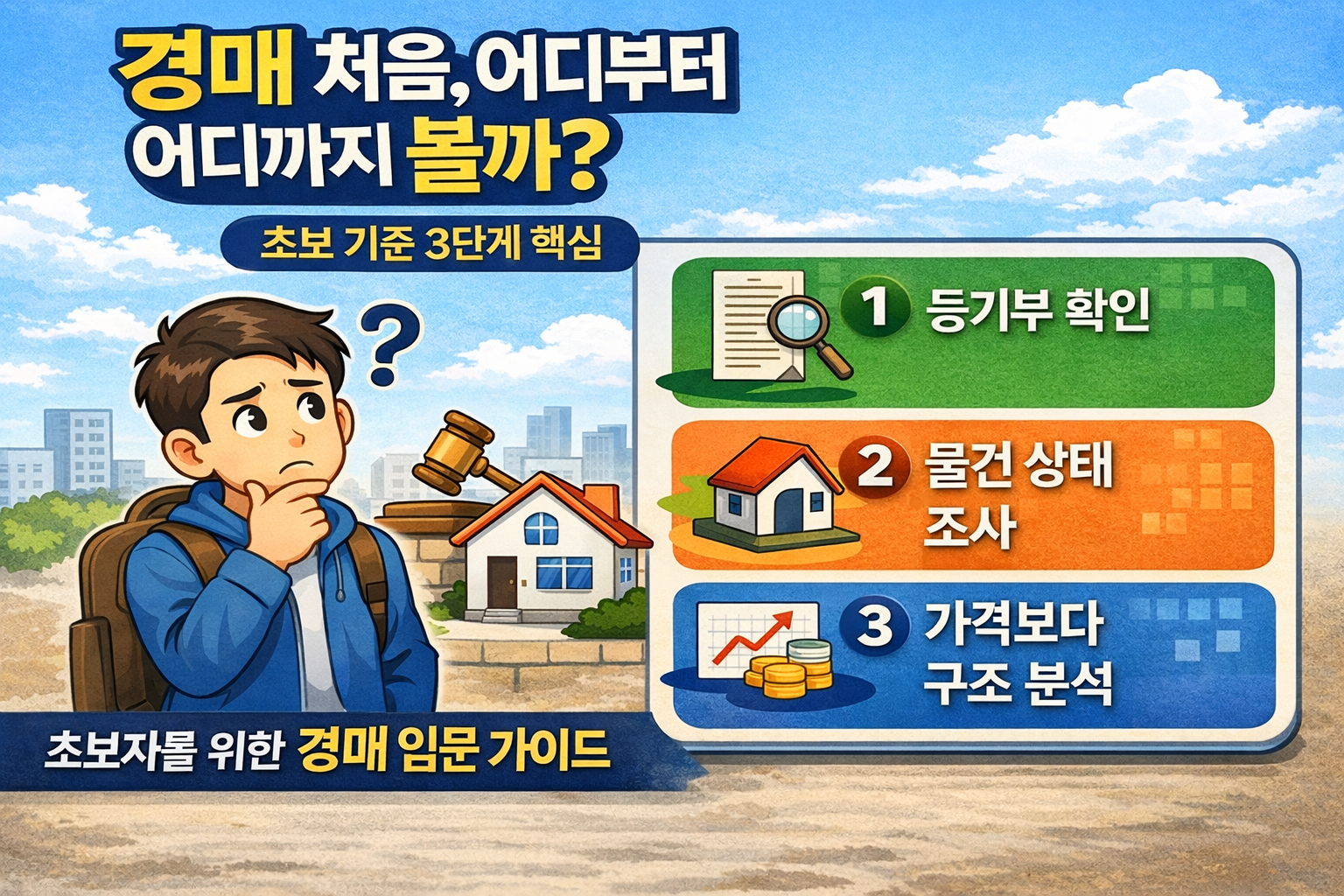 경매 처음 시작하는 방법을 설명한 초보 기준 3단계 가이드 이미지, 등기부 확인 물건 상태 조사 구조 분석 설명