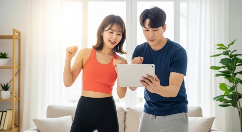 운동복 차림으로 유튜브 영상 보는 젊은 커플
