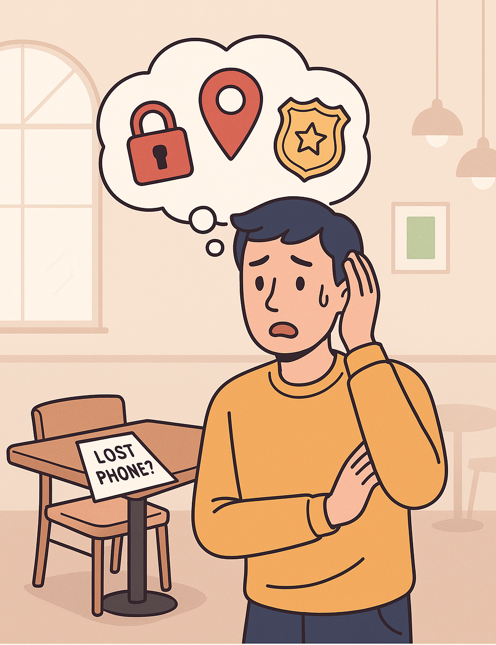 스마트폰을 잃어버린 청년, 걱정 가득한 표정과 함께 보안, 위치추적, 경찰 신고를 떠올리다