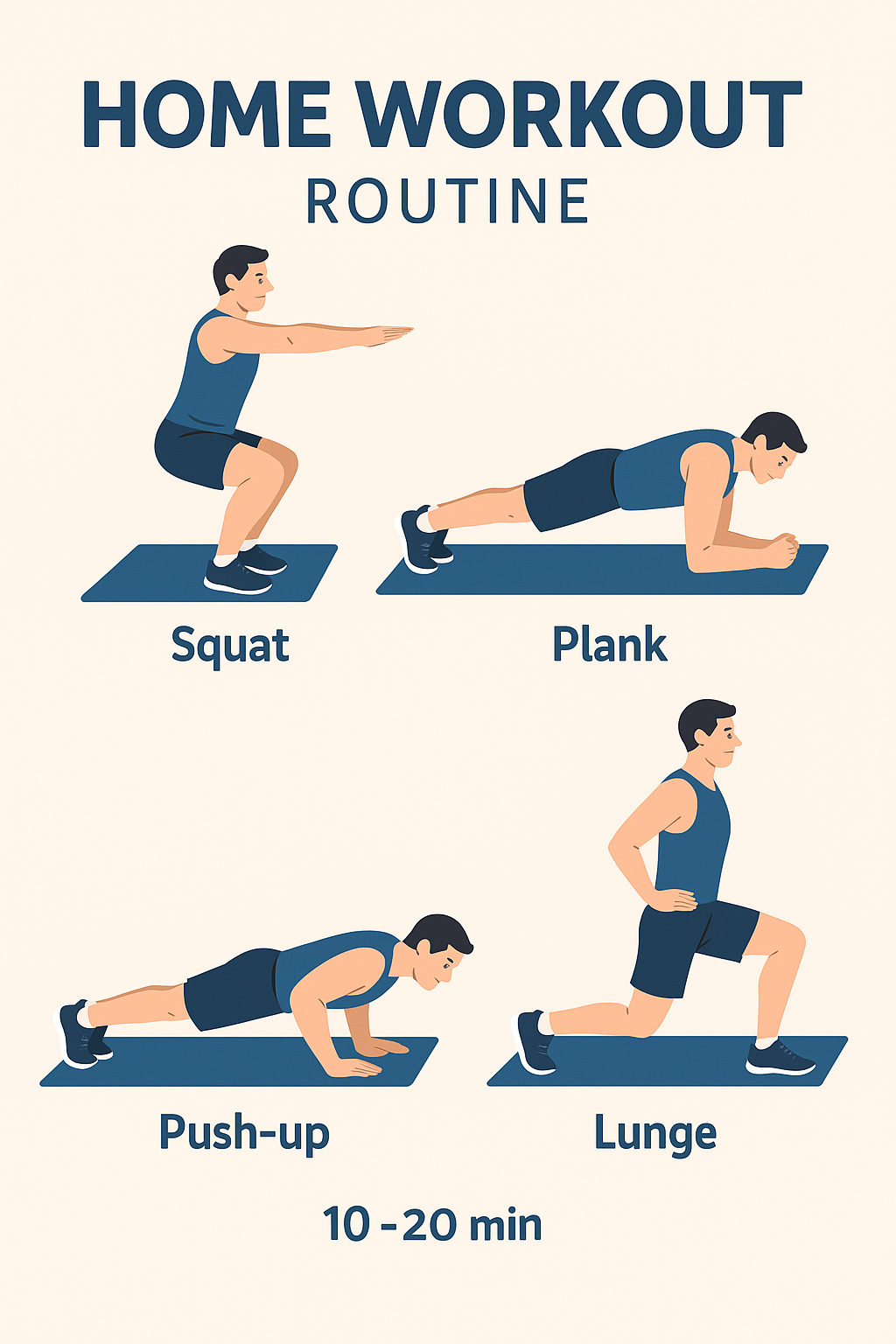 "홈트레이닝 루틴 인포그래픽: 스쿼트, 플랭크, 푸쉬업, 런지로 구성된 집에서 하는 운동 가이드"