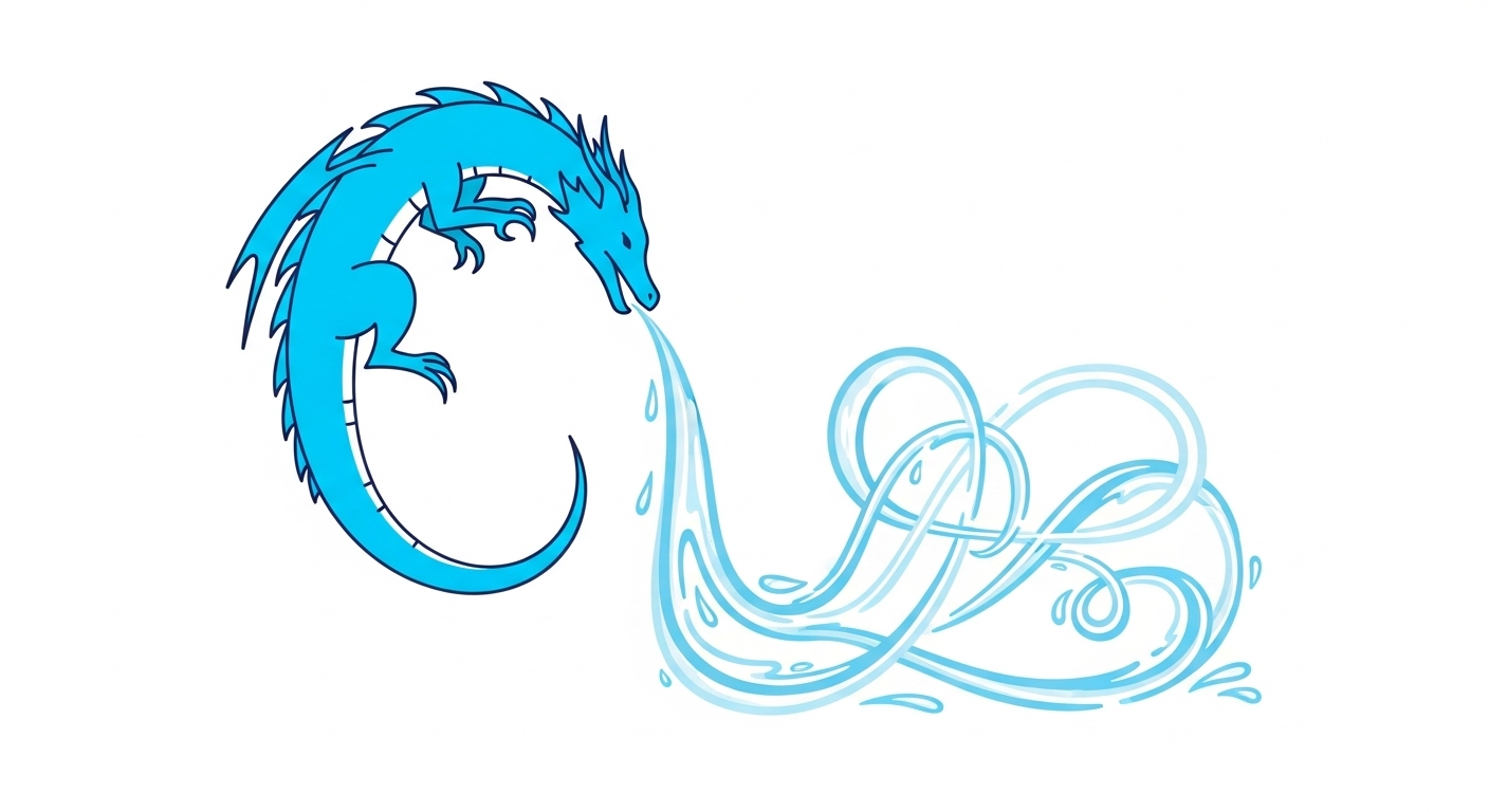 공중에 물줄기로 그림을 그리며 창의력과 예술성을 뽐내는 용 캐릭터 벡터 그래픽