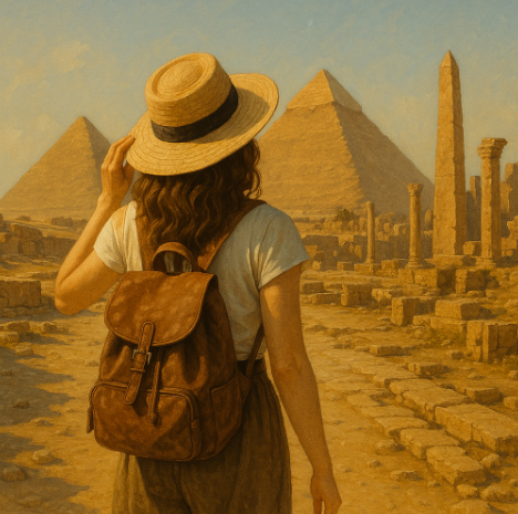 이집트에서 혼자 여행하는 모습