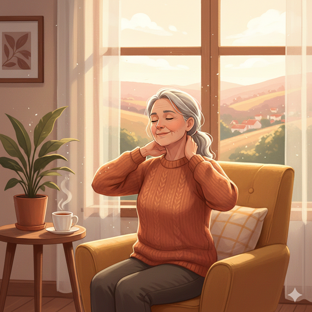 아침 햇빛을 받으며 부드럽게 몸을 움직이는 시니어