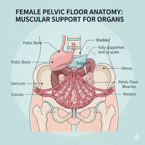 the pelvic floor muscles in a woman's body and how they support the bladder