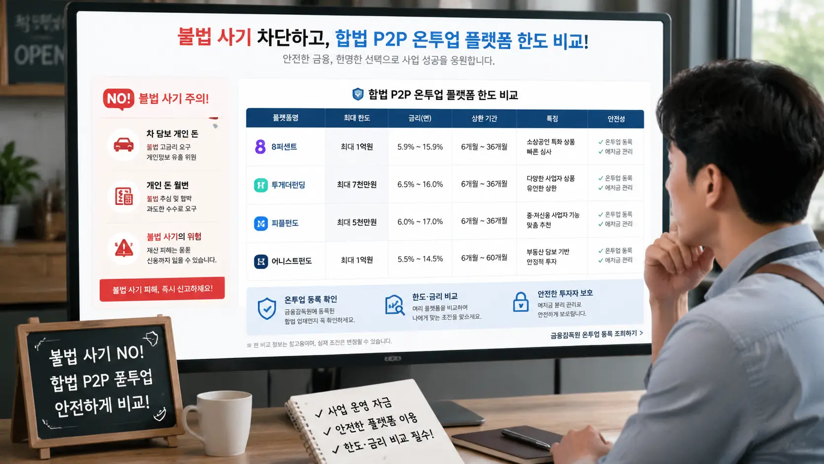 차 담보 개인 돈 및 개인 돈 월변 불법 사기를 차단하고 합법적인 P2P 온투업 플랫폼 한도를 모니터로 비교하는 자영업자