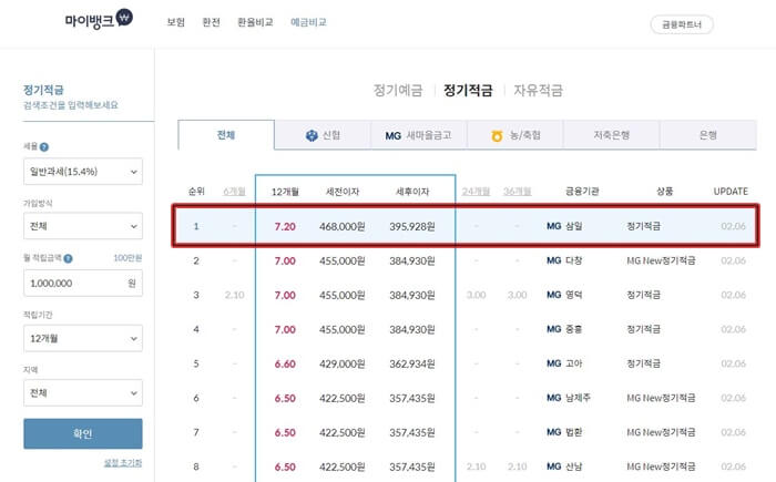 7.2% 적금상품 조회결과 예시 화면