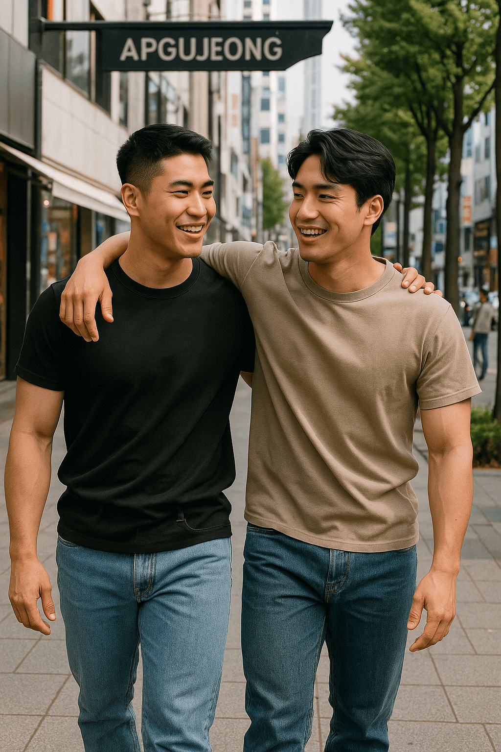 영화 압구장 리포트 두 남자가 압구정을 걷는 모습