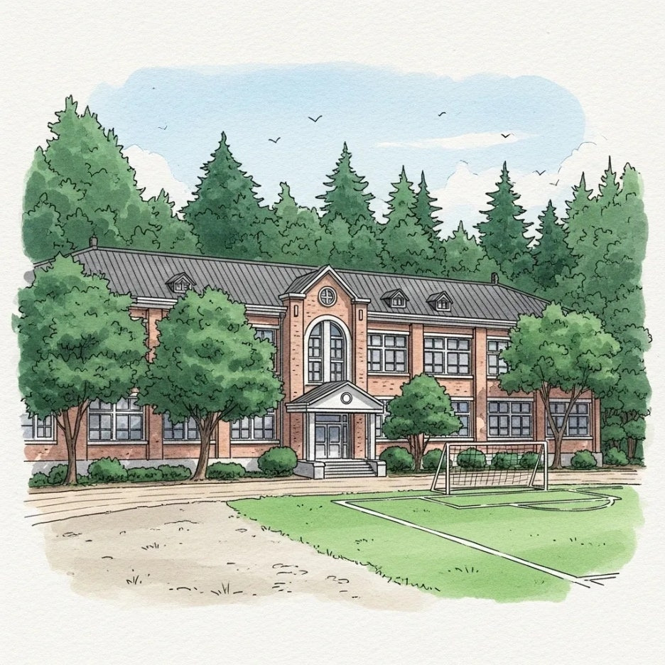 푸른 나무에 둘러싸인 정겨운 포항의 중학교 건물.