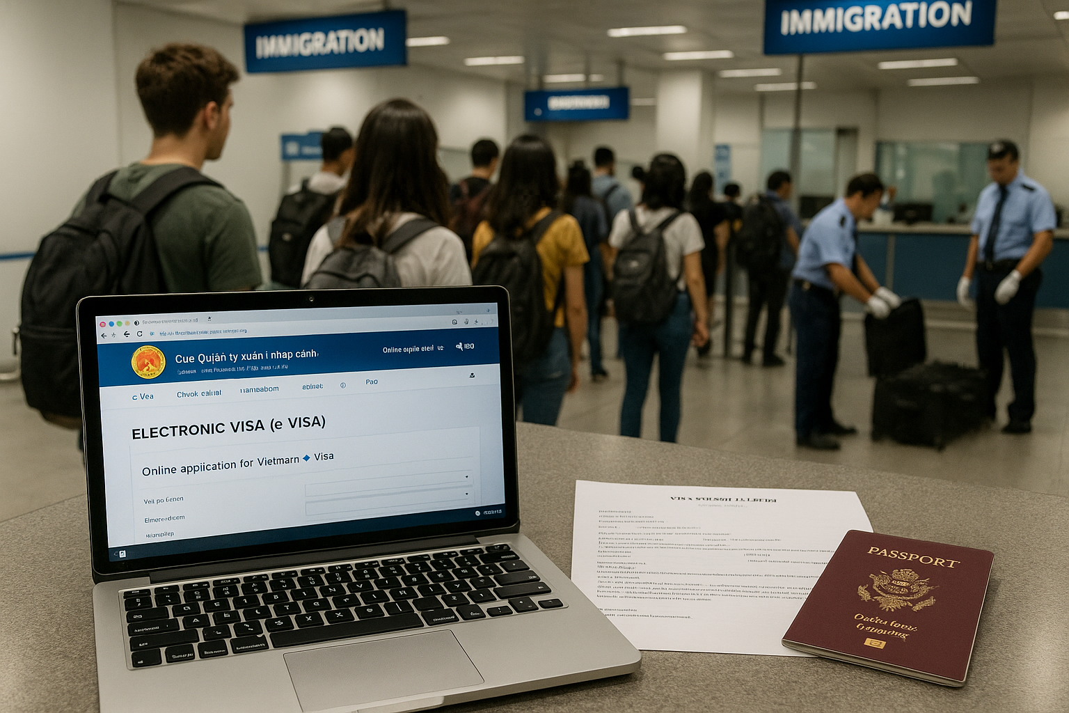 공항 이민국 카운터 앞에서 베트남 전자비자 신청 화면이 뜬 노트북과 여권, 비자 승인서가 책상 위에 놓여 있는 모습