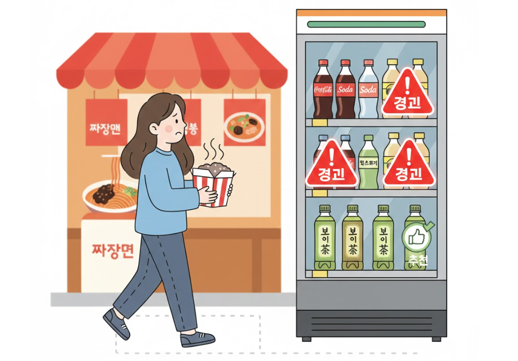 중식당에서 식사 후 편의점으로 향하는 사람 일러스트