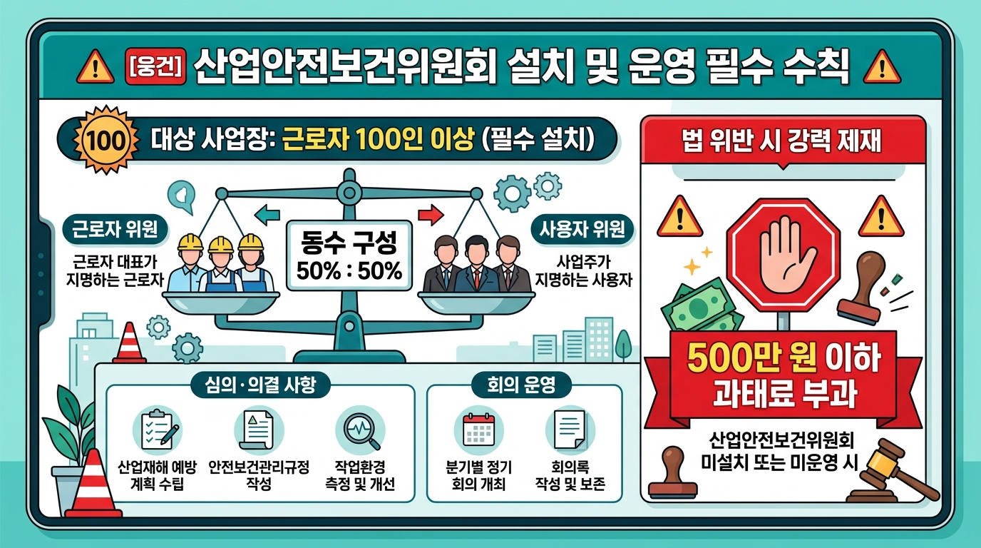 산업안전보건위원회 구성 의무 100인 이상 기준 &mdash; 미구성 과태료 500만원 인포그래픽
