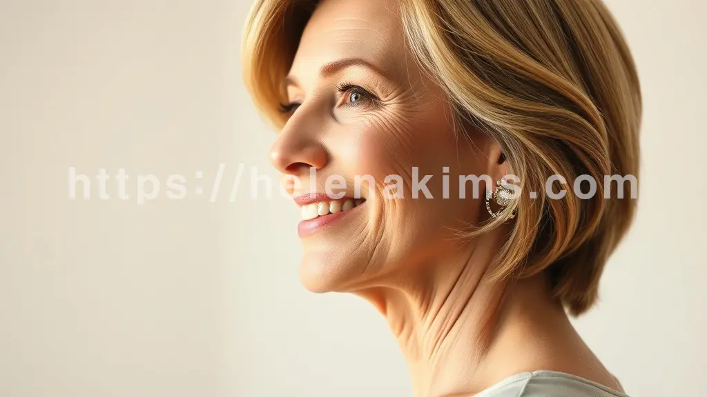 온화하고 기품 있는 미소를 짓는 50대 여성의 옆모습, 입꼬리는 섬세하게 올라가 있어 부드럽고 매력적인 인상을 주며, 얼굴 전체에서 편안함과 자신감, 긍정적인 에너지가 느껴진다.