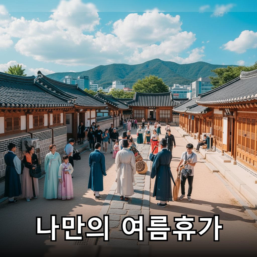 고즈넉한 한옥 마을의 풍경 속에서 전통 문화를 체험하는 사람들