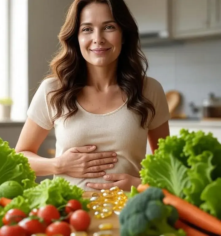 유산균 캡슐이 놓여져 있는 테이블 앞에서 배를 만지고 있는 여성