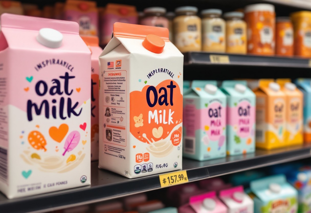 마트 선반에 진열된 다양한 브랜드의 귀리 우유 제품들, 귀리 우유 비교