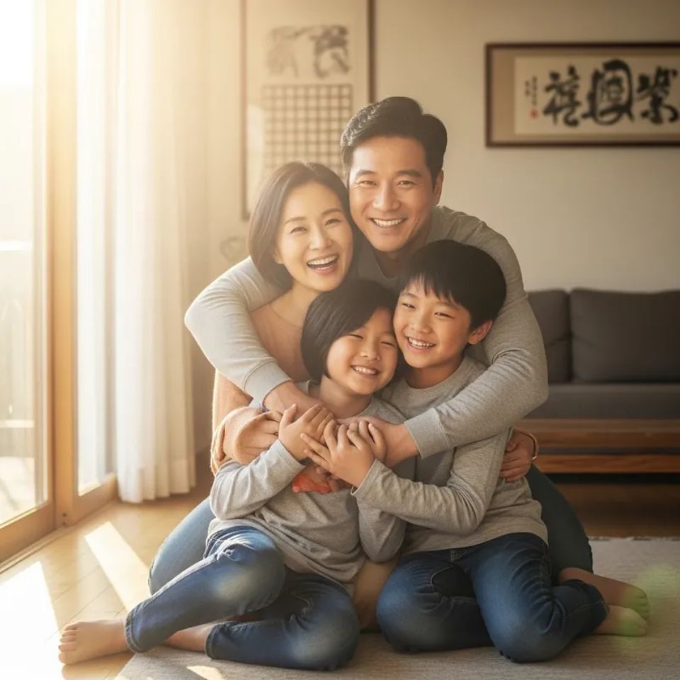 건강한 미소를 짓는 가족이 함께 있는, 따뜻하고 희망적인 분위기