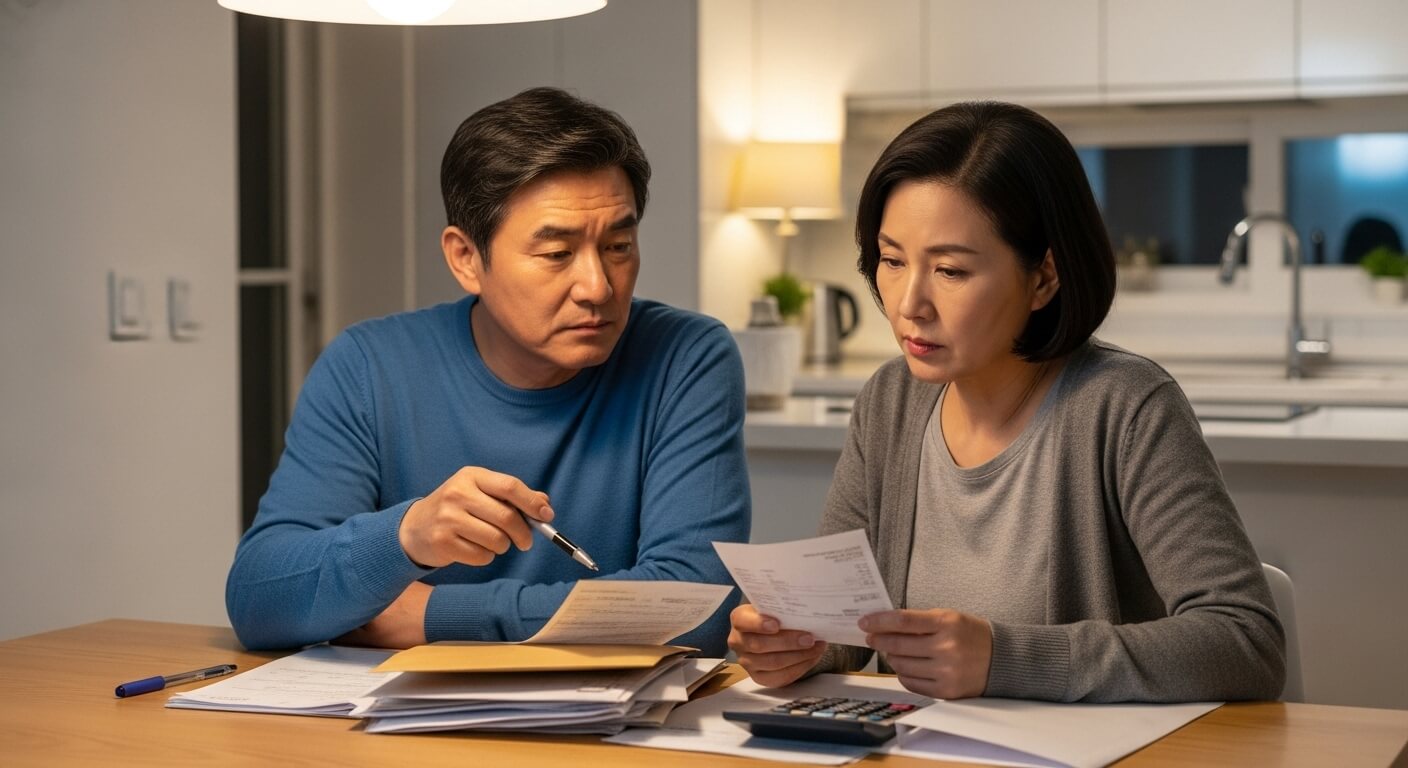 부엌 테이블에서 고지서를 확인 중인 중년 한국인 부부