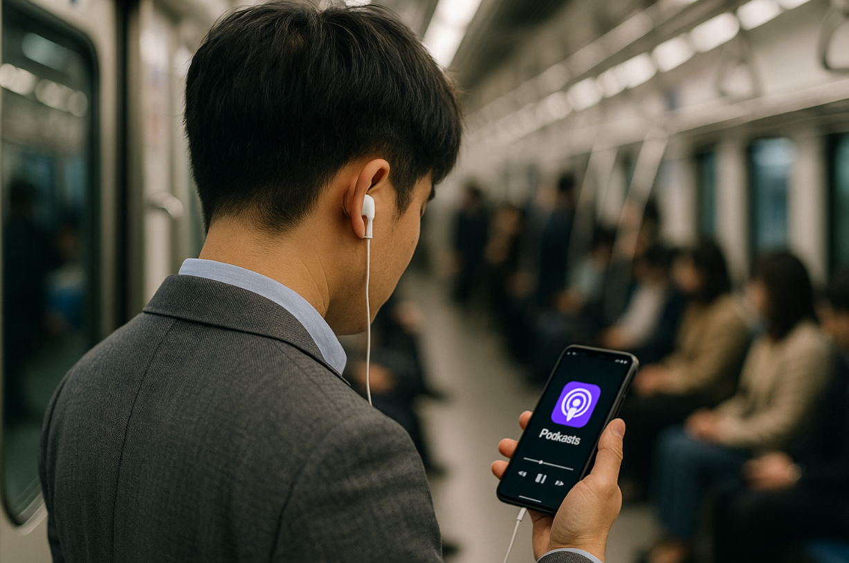 출근길에 팟캐스트로 정책 정보를 듣는 직장인의 모습