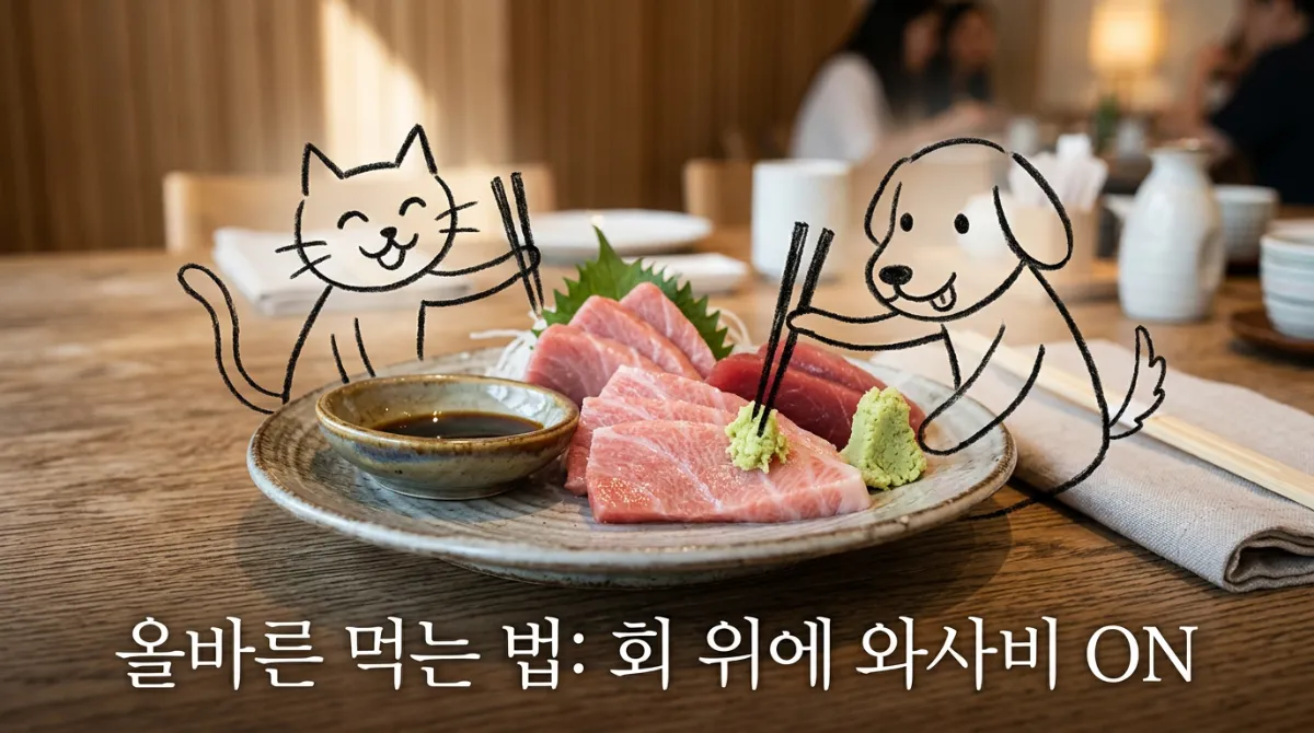 생선회 위에 진짜 와사비를 얹어 간장을 찍어 먹는 올바른 섭취법