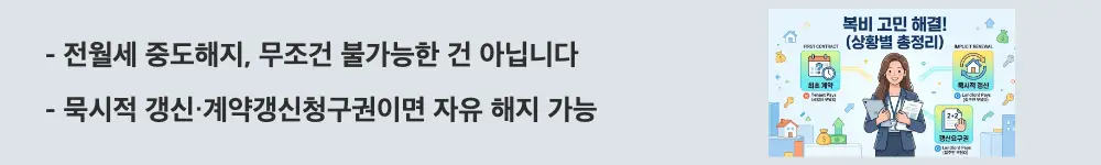 전월세 중도해지 복비: ”전월세 중도해지, 무조건 불가능한 건 아닙니다 / 묵시적 갱신·계약갱신청구권이면 자유 해지 가능"이라는 문구가 포함된 웹배너 이미지. 이 이미지는 계약 유형별로 중도해지가 가능한 세 가지 상황을 시각적으로 전달하며, 블로그의 전월세 중도해지 가능 여부 판단 기준과 관련된 내용을 설명함