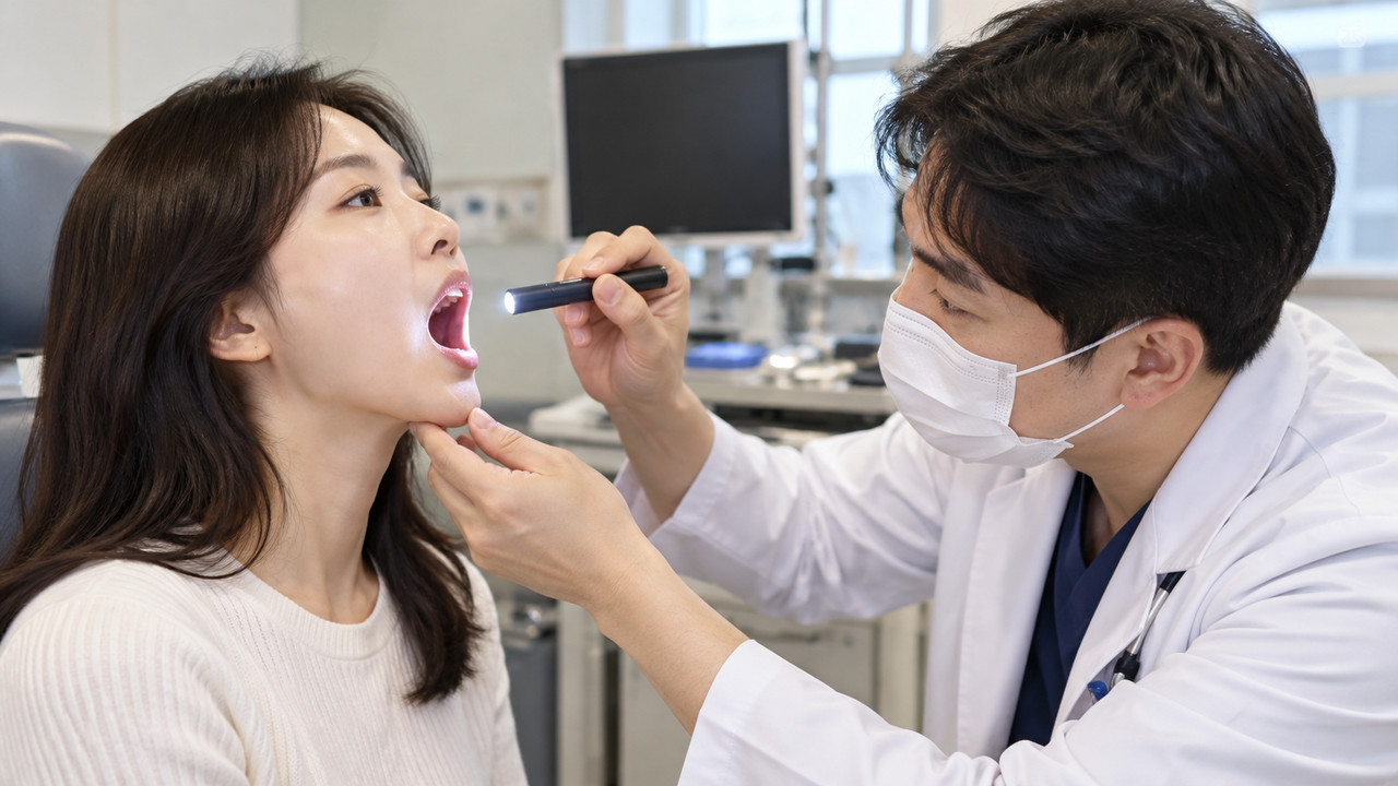 이비인후과에서 목을 진찰하는 장면