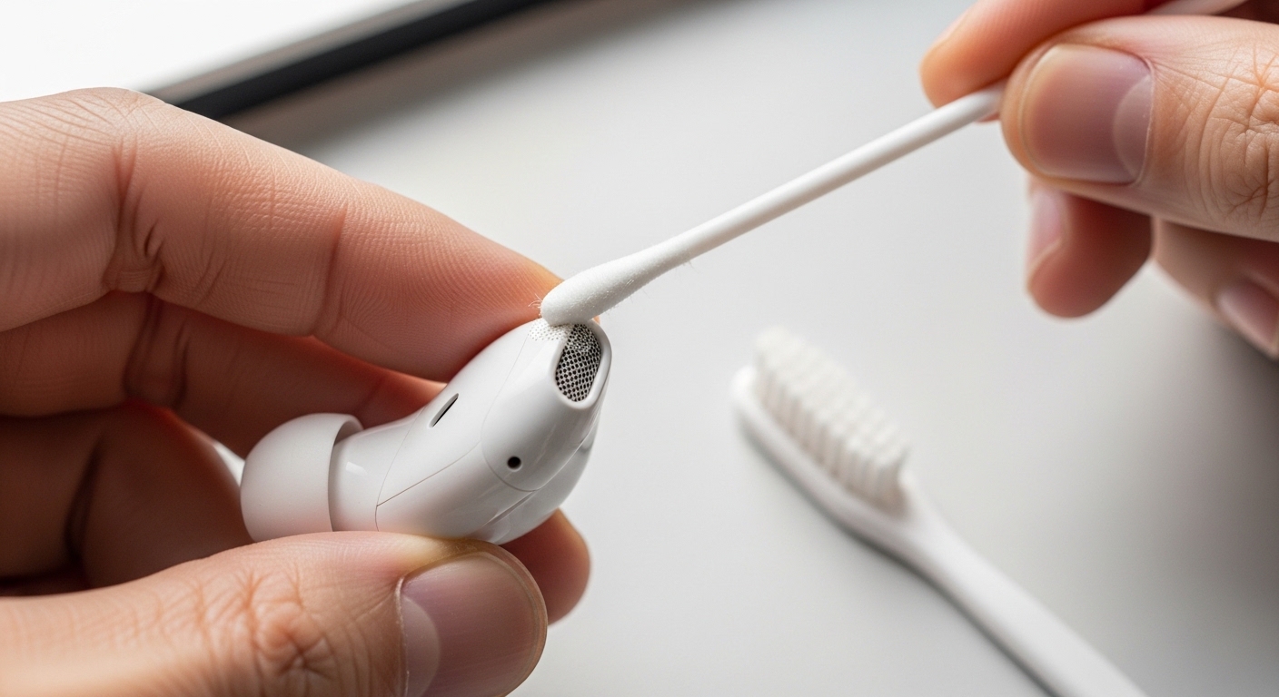 알코올 스왑과 부드러운 솔을 이용해 무선 이어폰 외부 마이크 이물질을 청소하는 방법