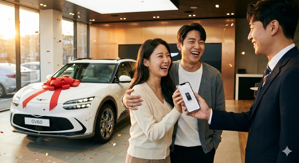 환하게 웃으며 새 전기차를 인도받는 가족의 모습