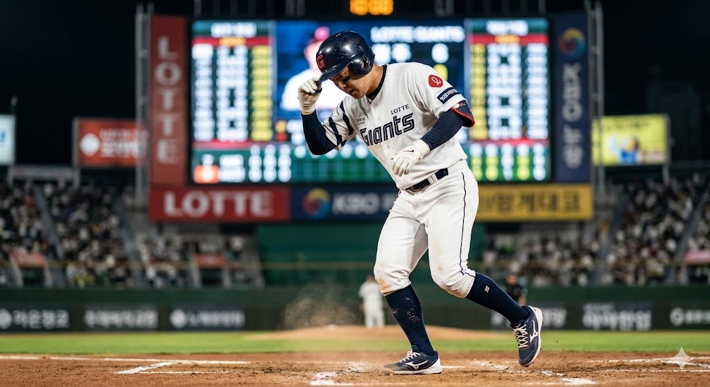 타석에서 헛스윙 후 헬멧을 고쳐 쓰며 아쉬워하는 롯데 자이언츠 타자와 점수판이 보이는 사직야구장 전경
