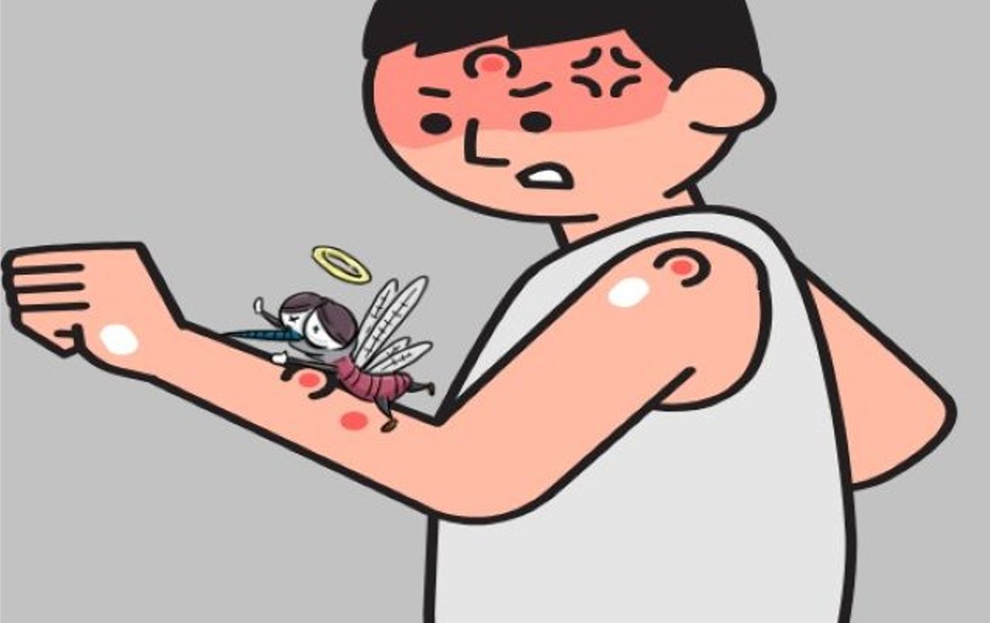 남자의 팔에 모기가 앉아 있는 모습