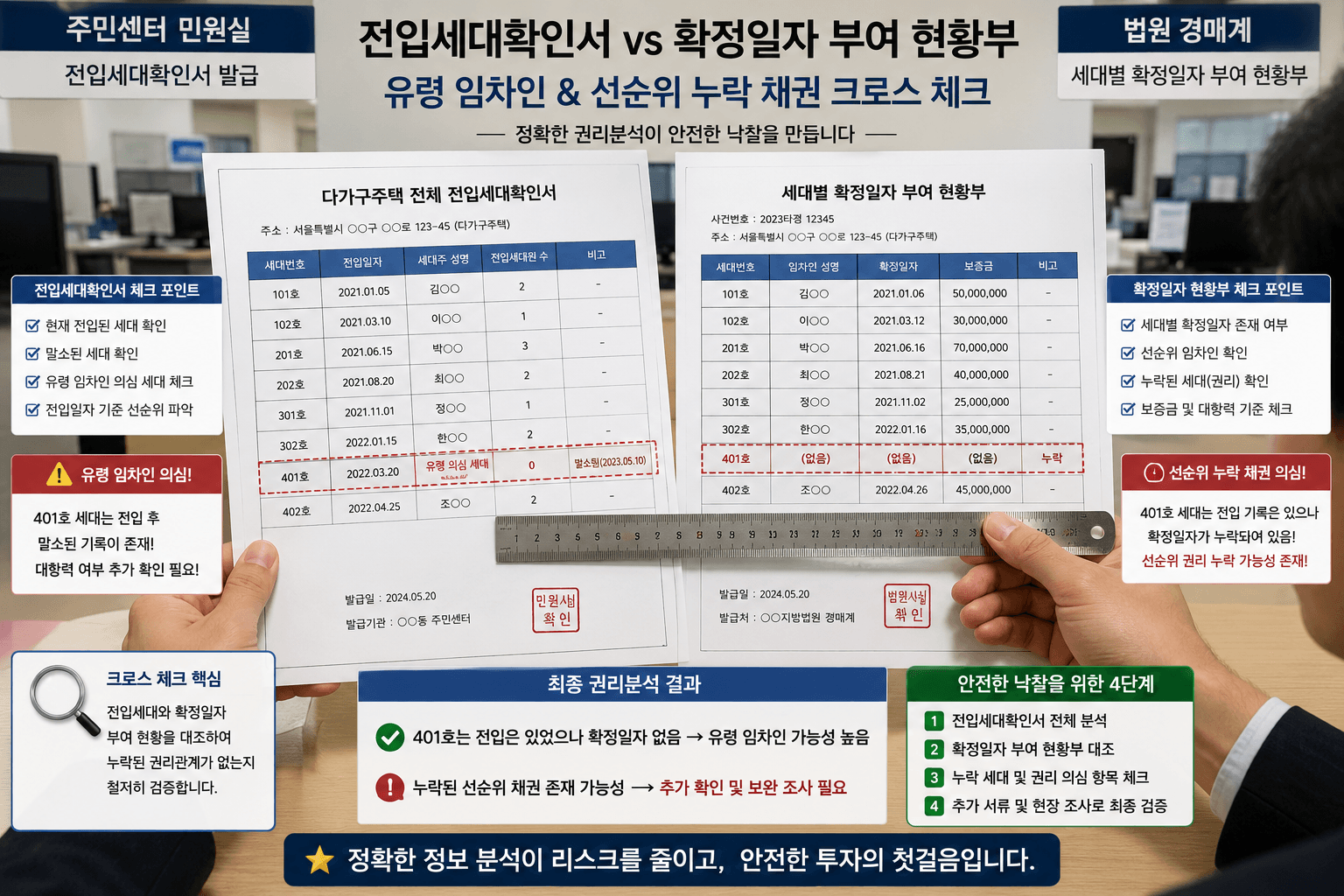 주민센터 민원실 창구에서 발급받은 다가구 주택의 전체 전입세대확인서 장부 서류와 법원 경매계의 세대별 확정일자 부여 현황부를 자로 대어가며 유령 임차인 및 선순위 누락 채권을 크로스 체크하는 토지 부동산 자산 마스터의 모습