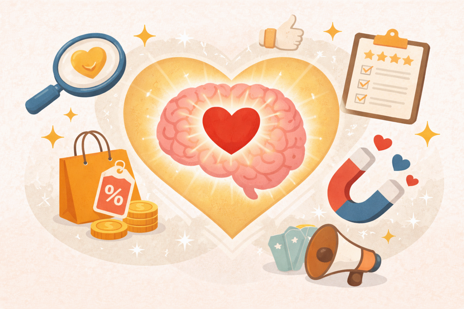 소비자의 마음을 상징하는 뇌와 하트 아이콘 일러스트