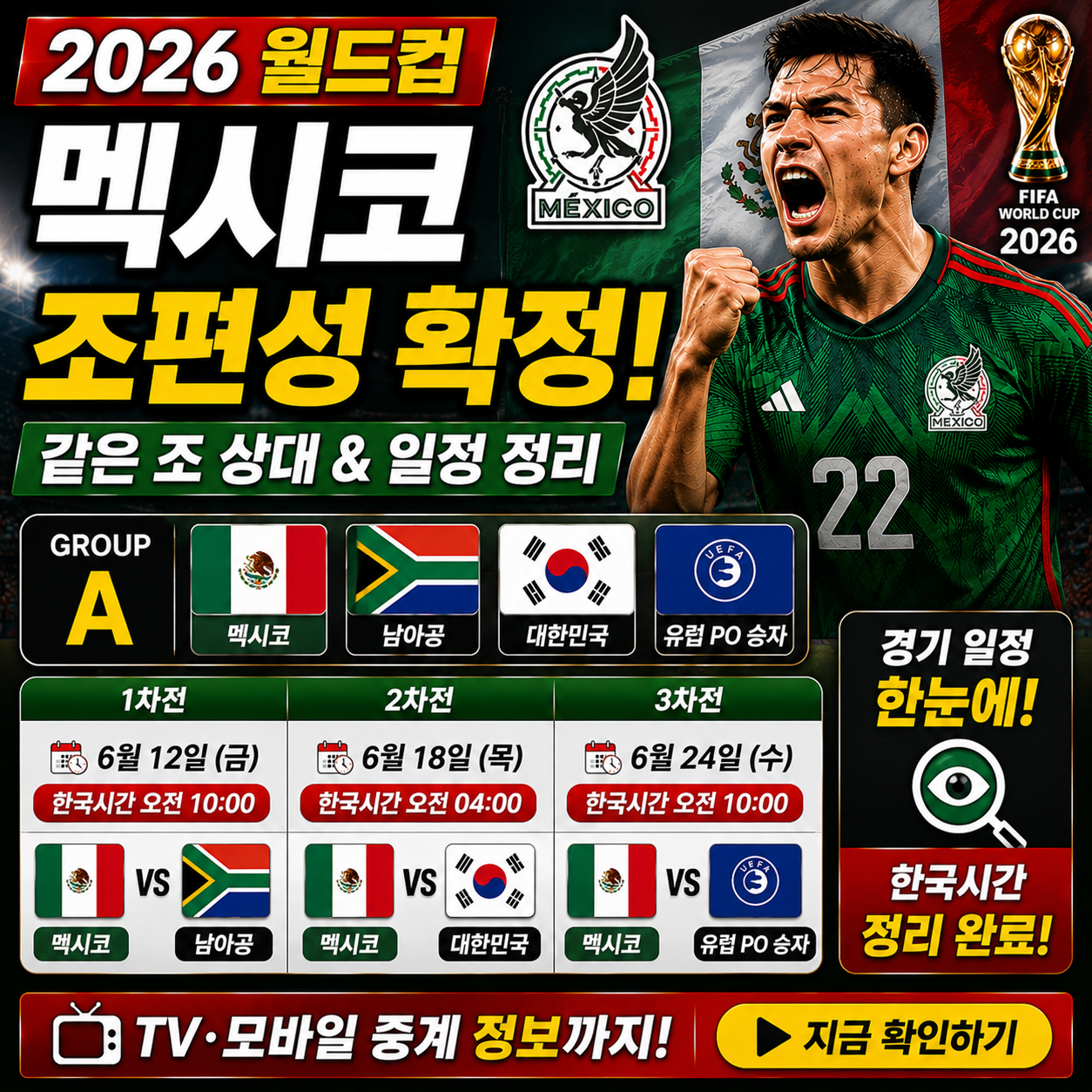 멕시코 월드컵 조편성 같은 조 상대와 일정 정리 2026
