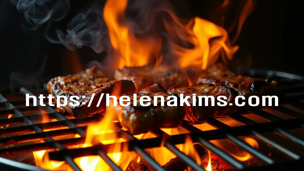 활활 타오르는 불 위 석쇠에서 고기가 노릇하게 구워지다 검게 타 들어 가는 모습